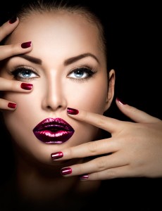 Fashion model girl face, beauty woman makeup and manicure